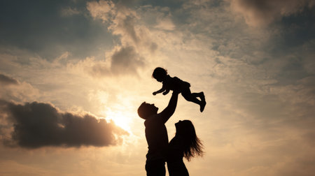 A heartwarming scene of a parent joyfully lifting their child against a stunning sunset. The silhouettes create an emotional backdrop that captures family love and connection.の素材
