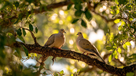 Two doves sit peacefully on a tree branch in a serene setting, surrounded by vibrant green leaves. Sunlight filters through, creating a calming atmosphere.の素材
