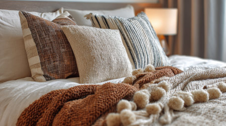 A beautifully styled bedroom featuring a knitted throw and plush pillows on soft white bedding. Warm tones and textures create a cozy and inviting atmosphere.の素材