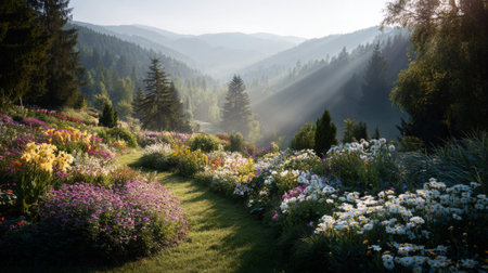 Discover a breathtaking mountain landscape featuring a vibrant flower garden illuminated by the soft light of sunrise, offering a serene escape into nature.の素材
