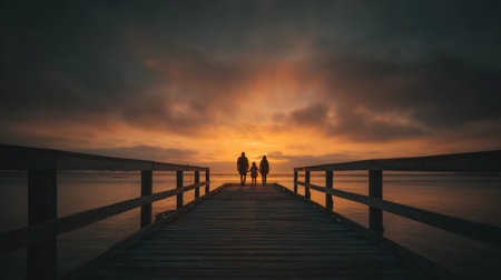 A serene scene featuring a couple walking on a wooden pier during a vibrant sunset. The silhouettes stand against a colorful sky reflecting over calm water, evoking tranquility.の素材