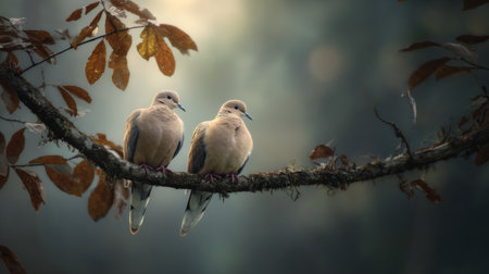 Two birds rest peacefully on a branch, surrounded by a serene and soft-focus background. Their warm tones and tranquil setting capture the essence of natureの素材