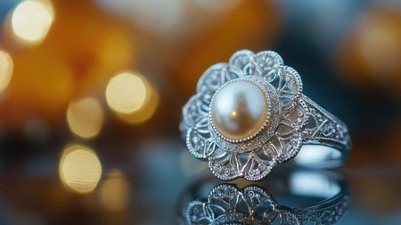 A stunning pearl ring set in silver, with intricate detailing surrounding the central pearl, resting on a reflective surface to enhance its elegance.の素材