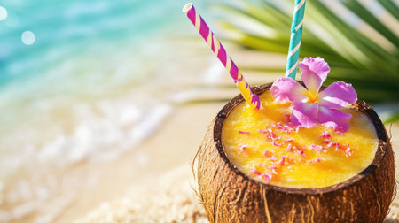 A tropical fruit smoothie in a coconut shell, garnished with colorful paper straws and tropical flowers, set against a sandy beach background.の素材