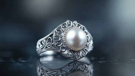 A stunning pearl ring set in silver, with intricate detailing surrounding the central pearl, resting on a reflective surface to enhance its elegance.の素材