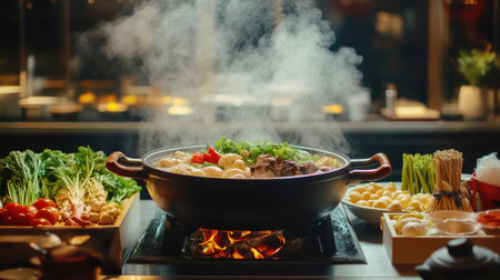 A visually appealing hot pot setup at a restaurant, with various fresh ingredients displayed around the steaming pot, creating an inviting atmosphere for diners.の素材