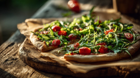 A beautifully presented pizza topped with fresh arugula and cherry tomatoes, captured on a rustic wooden table with warm natural light, perfect for food lovers.の素材