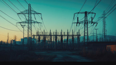 An engaging photo of a high-voltage power station, with towering transformers and cables, showcasing the infrastructure that powers entire regions.の素材