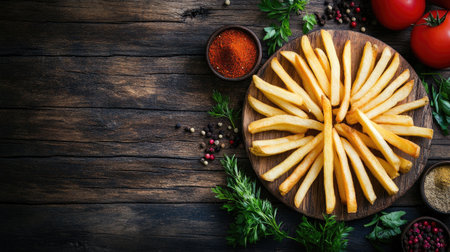 An artistic composition of French fries arranged in a spiral on a rustic wooden table, with herbs and spices scattered around, emphasizing freshness and flavor.の素材
