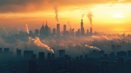 A vivid depiction of a bustling city skyline engulfed in smog and haze, showcasing air pollution and its correlation with global warming, prompting a call for cleaner energy.の素材