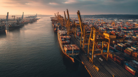 A breathtaking aerial view captures a bustling cargo port at sunset, showcasing cranes and shipping containers reflecting on the water in a dynamic industrial scene.の素材