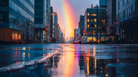A stunning rainbow arcs over a city street filled with rainwater puddles, reflecting vibrant colors from the evening sky. The modern buildings and traffic lights create a serene urban atmosphere.の素材