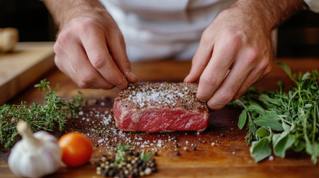 A chef hands seasoning a raw steak with salt and pepper, preparing it for grilling, with fresh herbs, spices, and a cutting board in the background.の素材