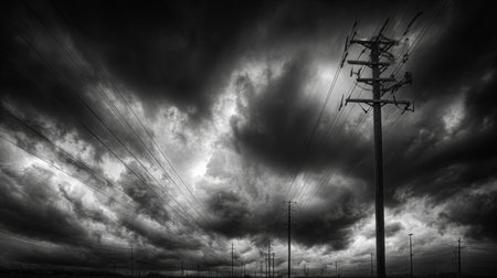 This striking black and white image captures a dramatic sky filled with dark storm clouds above silhouetted power lines, creating a foreboding and intense atmosphere.の素材