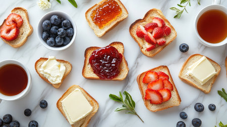 A beautifully arranged flat lay of toast with various toppings--jam, butter, honey, and fresh fruit--on a marble countertop with a cup of hot tea.の素材
