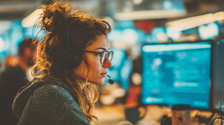 A young woman wearing headphones sits in a trendy workspace, focused on her computer screen, embodying productivity and creativity in a digital environment.の素材