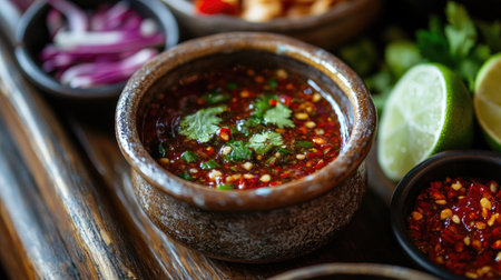 A close-up of a chili dipping sauce made with fish sauce, lime, and chopped chilies in a small ceramic bowl, placed on a wooden table with other Thai condiments.の素材