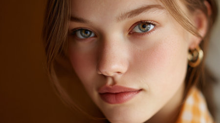 A stunning close-up portrait showcasing a young woman with natural makeup. Soft lighting accentuates her expressive eyes and delicately smooth skin in a warm indoor environment.の素材