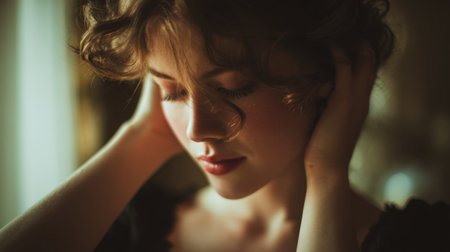 A beautiful woman with soft curls enjoys a tranquil moment in natural light. Her serene expression conveys a deep sense of reflection, warmth, and artistic beauty.の素材