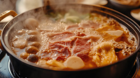 A close-up of a bubbling hot pot with rich broth, slices of meat, mushrooms, and vegetables, with steam rising and serving utensils ready for useの素材