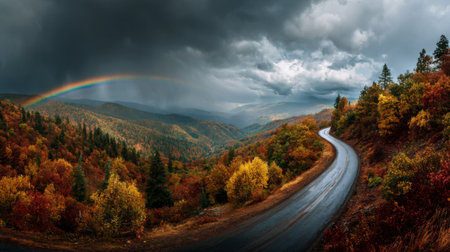 Explore a stunning autumn landscape featuring a winding road, vibrant foliage, and a captivating rainbow against a dramatic sky. Nature's beauty unfolds in this serene scene.の素材