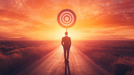 A businessperson standing in front of a road leading to a distant target sign, symbolizing long-term goals and future success, with a sunrise on the horizon.の素材
