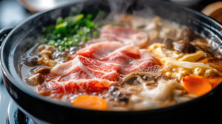A close-up of a bubbling hot pot with rich broth, slices of meat, mushrooms, and vegetables, with steam rising and serving utensils ready for useの素材
