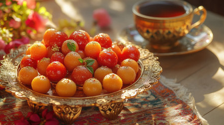 A beautiful display of traditional Indian sweets, like gulab jamun and jalebi, arranged on a decorative platter with a cup of chai tea in the background.の素材