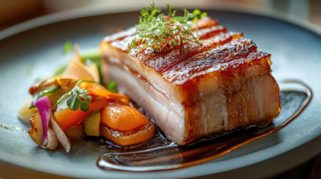 A beautifully plated dish featuring tender slices of pork belly with a crispy skin, served with a side of pickled vegetables and a drizzle of savory sauce.の素材