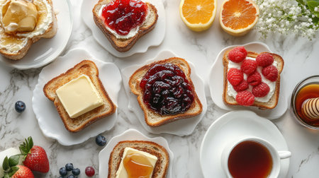 A beautifully arranged flat lay of toast with various toppings--jam, butter, honey, and fresh fruit--on a marble countertop with a cup of hot tea.の素材