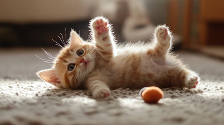 A chubby kitten playfully rolling around on a carpet, with its legs kicking in the air and a toy mouse nearby.の素材