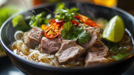 A close-up of a bowl of steaming Thai noodle soup with tender slices of meat, fresh herbs, and vibrant vegetables, garnished with lime and chili.の素材