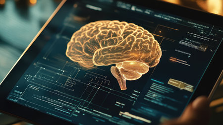 A close-up of a brain diagram on a tablet or digital device, with interactive elements and annotations showing different brain functions and regions.の素材
