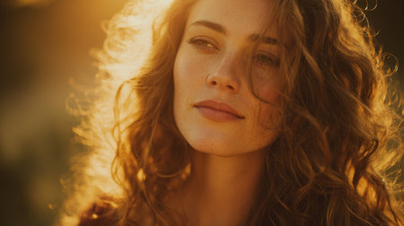 A captivating portrait of a woman with curly hair, illuminated by golden sunset light, exuding warmth and tranquility. Symbolizes beauty and emotional connection in nature.の素材