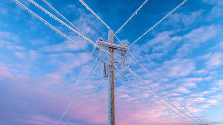 A picturesque winter scene featuring a frost-covered utility pole with icy power lines set against a vibrant sunset sky, evoking tranquility and beauty.の素材