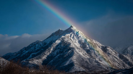 A breathtaking view of a snow-capped mountain peak crowned with a vibrant rainbow against a clear blue sky. A perfect representation of nature's beauty.の素材
