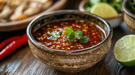 A close-up of a chili dipping sauce made with fish sauce, lime, and chopped chilies in a small ceramic bowl, placed on a wooden table with other Thai condiments.の素材