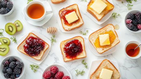 A beautifully arranged flat lay of toast with various toppings--jam, butter, honey, and fresh fruit--on a marble countertop with a cup of hot tea.の素材