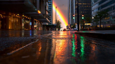 A picturesque urban scene captures a rainbow arching majestically over a glossy street reflecting vibrant colors after a rain shower, evoking serenity and beauty.の素材