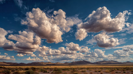 A stunning view of a vast desert landscape under a bright blue sky filled with fluffy white clouds and distant mountains in the background, showcasing natural beauty.の素材