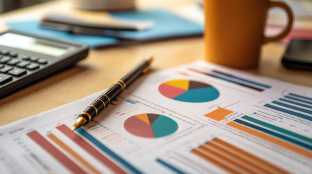A close-up of a financial report with colorful business graphs and pie charts, surrounded by office supplies like pens, calculators, and a coffee cup.の素材