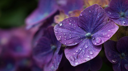 This image showcases a beautiful close-up view of purple hydrangea petals adorned with glistening raindrops, emphasizing their rich color and delicate texture.の素材