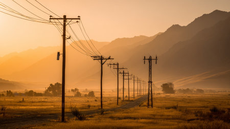 A stunning view of sunset casting warm golden light over rolling hills. Electric poles line a dusty trail, enhancing the tranquil rural landscape in the evening fog.の素材
