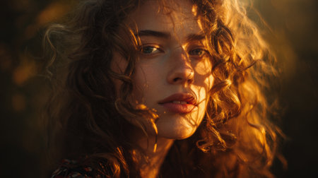 Capturing a stunning close-up of a woman with curly hair illuminated by warm sunlight, this image evokes a sense of tranquility and natural beauty in a serene outdoor environment.の素材