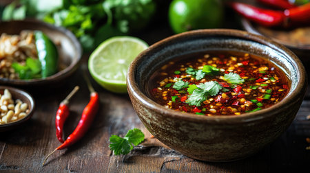 A close-up of a chili dipping sauce made with fish sauce, lime, and chopped chilies in a small ceramic bowl, placed on a wooden table with other Thai condiments.の素材
