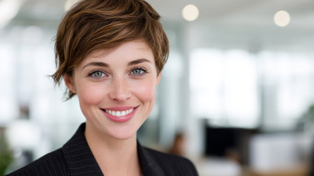A confident young woman with a warm smile stands in a modern office environment, embodying professionalism and positivity. Her relaxed demeanor creates an inviting atmosphere.の素材