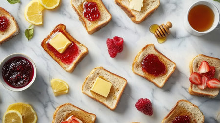 A beautifully arranged flat lay of toast with various toppings--jam, butter, honey, and fresh fruit--on a marble countertop with a cup of hot tea.の素材