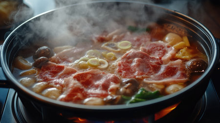 A close-up of a bubbling hot pot with rich broth, slices of meat, mushrooms, and vegetables, with steam rising and serving utensils ready for useの素材