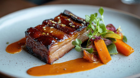 A beautifully plated dish featuring tender slices of pork belly with a crispy skin, served with a side of pickled vegetables and a drizzle of savory sauce.の素材