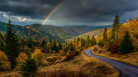 Captivating autumn landscape showcasing a vibrant rainbow arching over rolling hills and lush forests under a moody sky, perfect for evoking nature's beauty.の素材